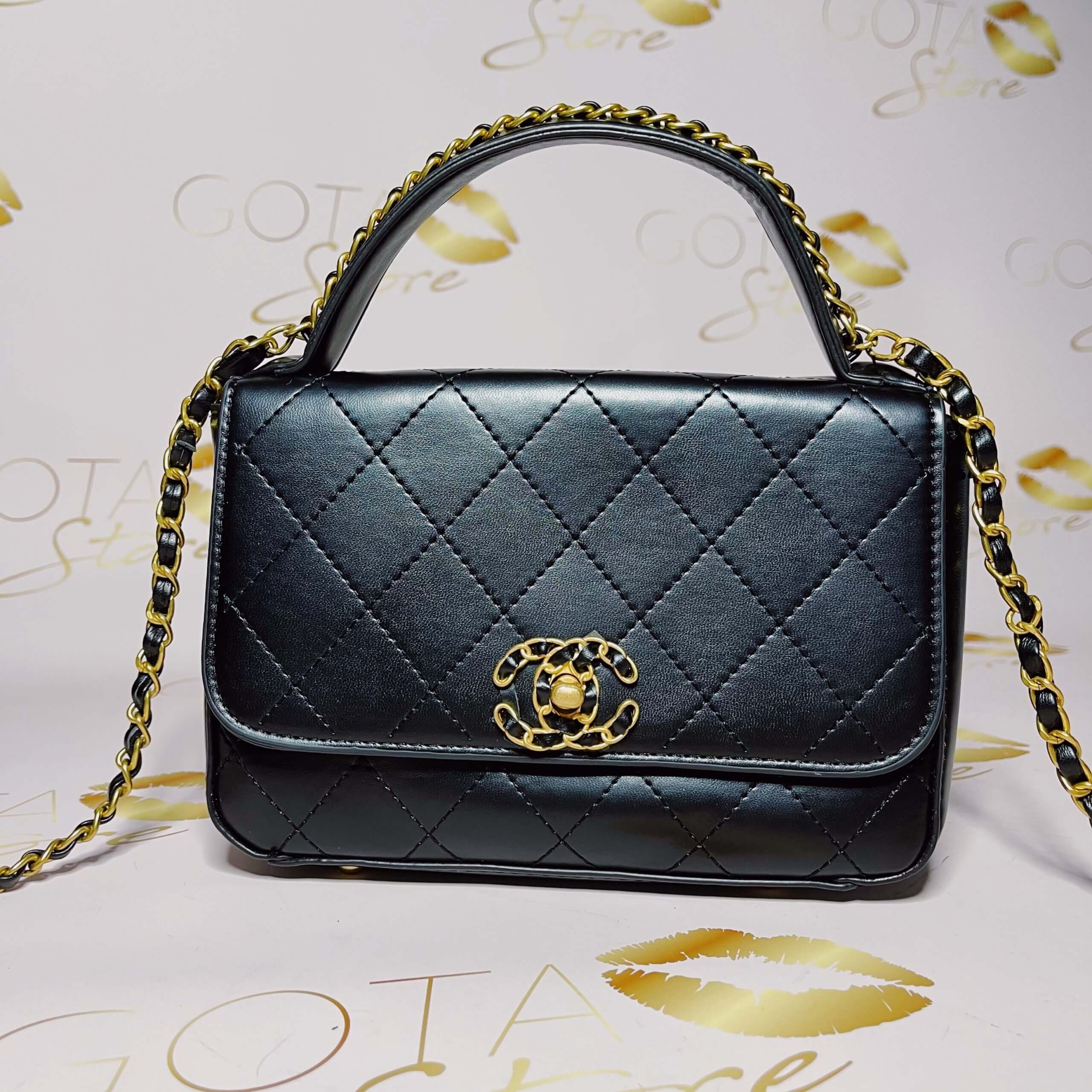 CC Medium Handle Flap Bag Black Leather & Gold Hardware Purse GOTA