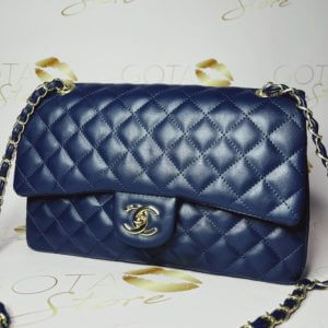 Classic Double Flap Purse - Navy Blue Leather Women's Large Handbag