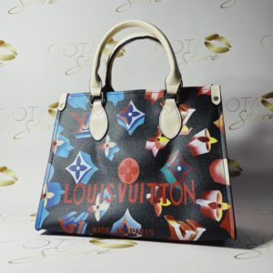 LV 3D Print Onthego GM - Black Leather Colorful Leather Women’s Tote Bag