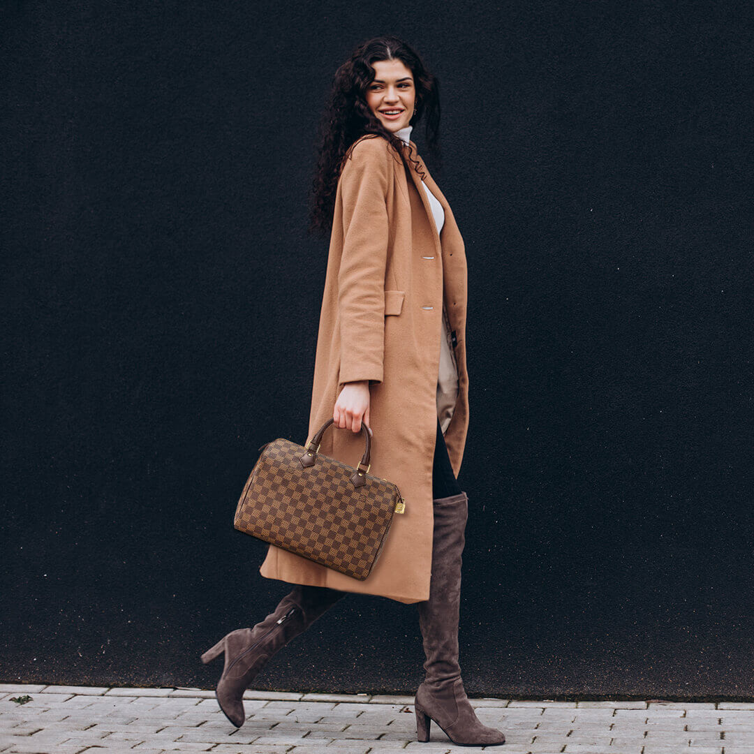 LV Speedy Brown Checker Hand Bag - Leather Women's Medium Purse