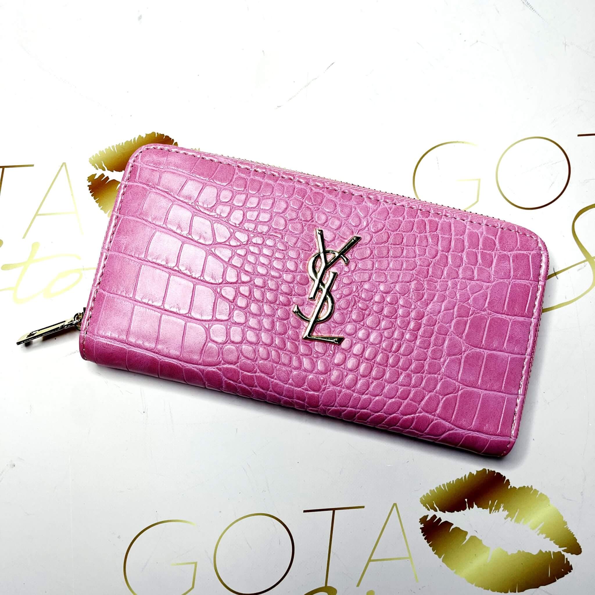 YSL Zip Monogram Logo - Gold Hardware & Hot Pink Leather Women's Wallet ...