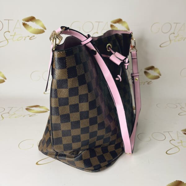 LV Neonoe Ebene Checker Purse - Brown & Pink Leather Women's Large Shoulder Bag