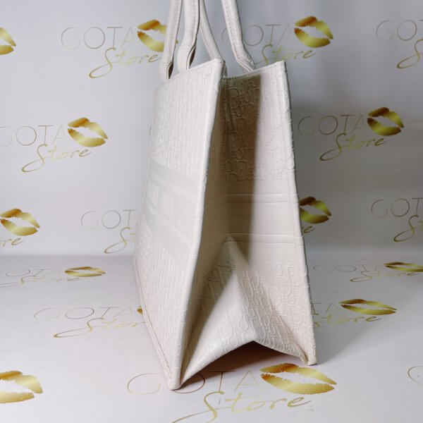 CD Book Beach Tote Bag Monogram Embossed - White Leather Women’s Large Purse