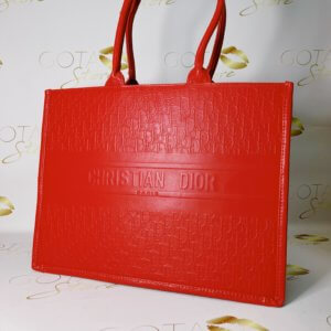 CD Book Beach Tote Bag Monogram Embossed - Red Leather Women’s Large Purse