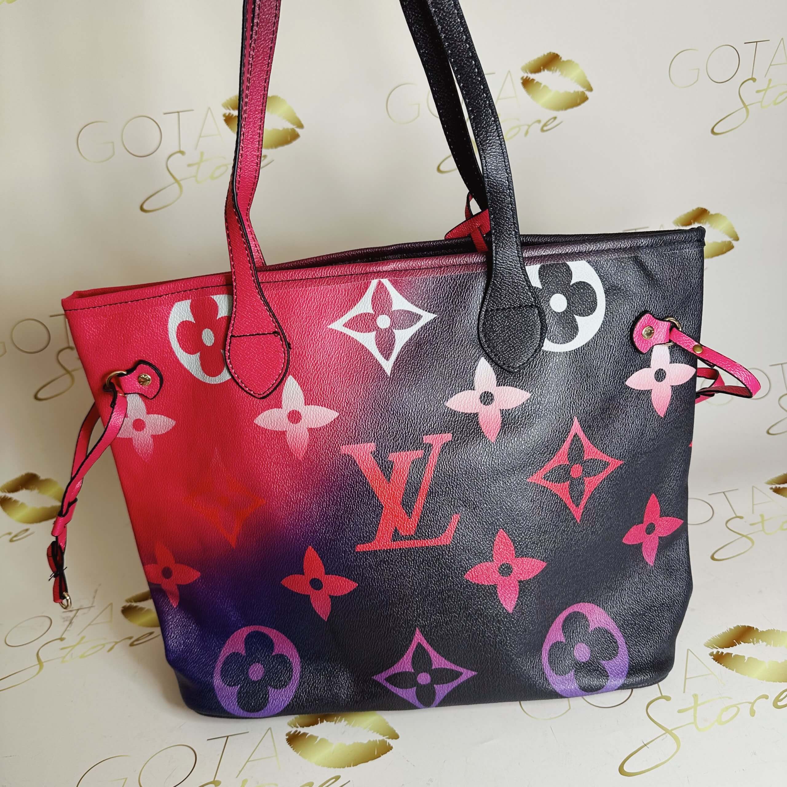LV Neverfull MM Black & Red Monogram Tote Bag - Large Leather Purse